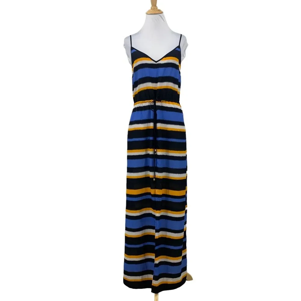 Michael Kors Striped Maci Maxi Dress Womens S Small Front Slit Waist Tie V Neck